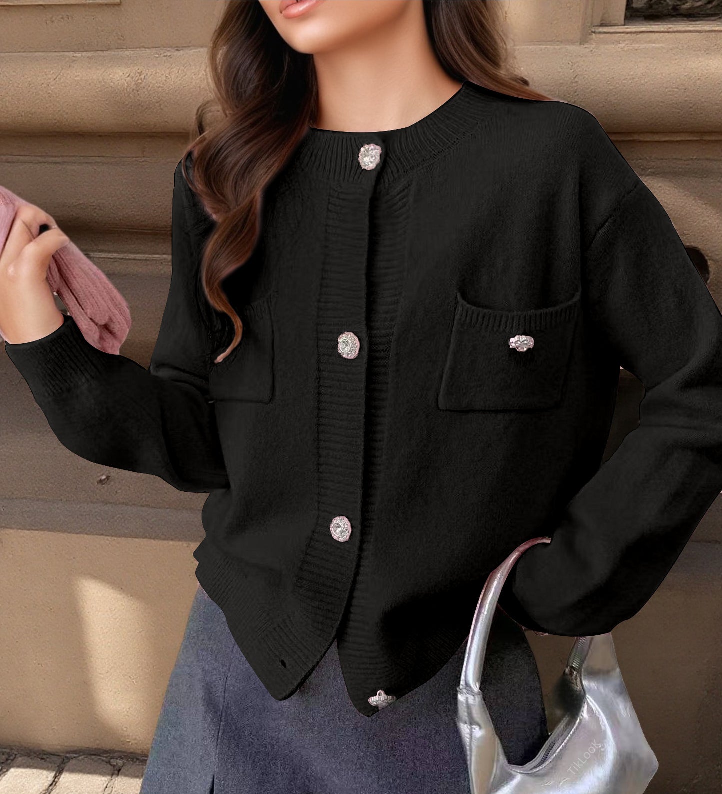 Damen Strickjacke mit dekorativen Taschen und edlen Knöpfen Merchesia