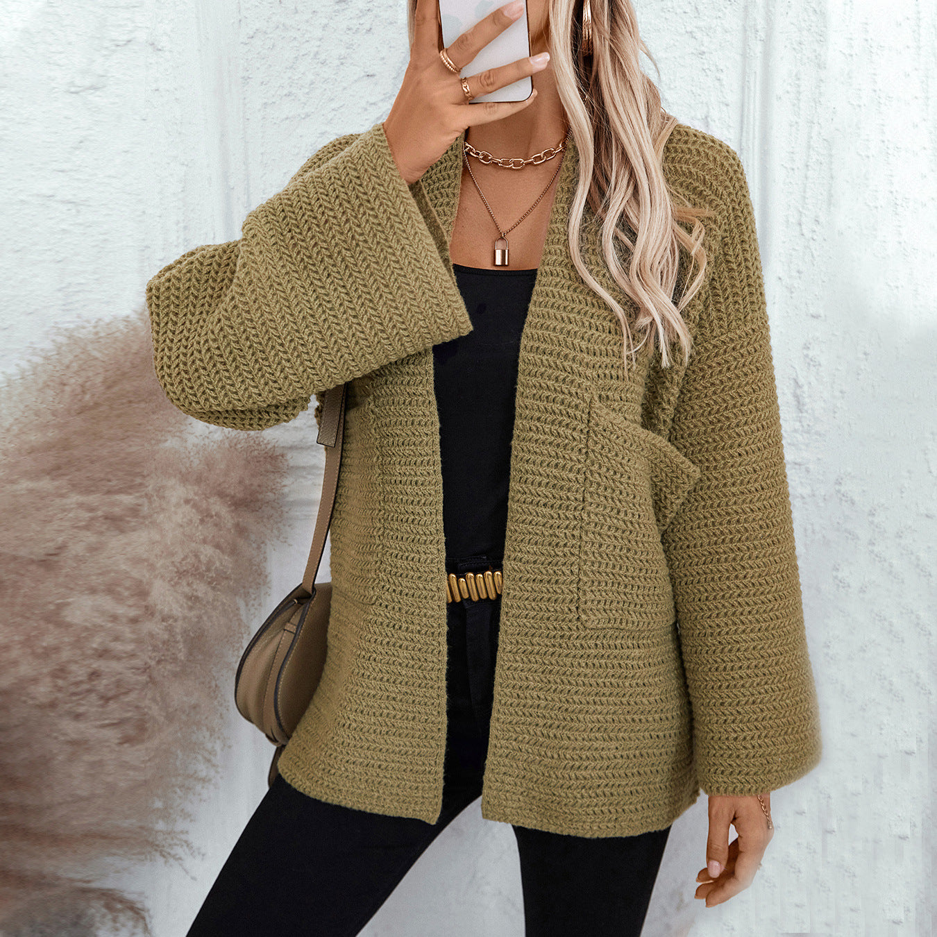 Damen luftige Strickjacke mit großen Taschen und offenen Ärmeln Merchesia