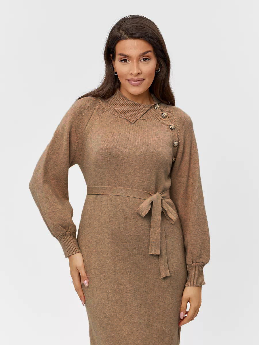 Damen Strickkleid mit taillierendem Gürtel und dekorativen Knopfdetails Merchesia