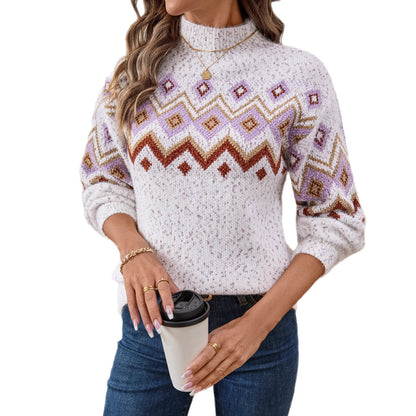 Damen Strickpullover mit modischem Muster und hohem Kragen Merchesia