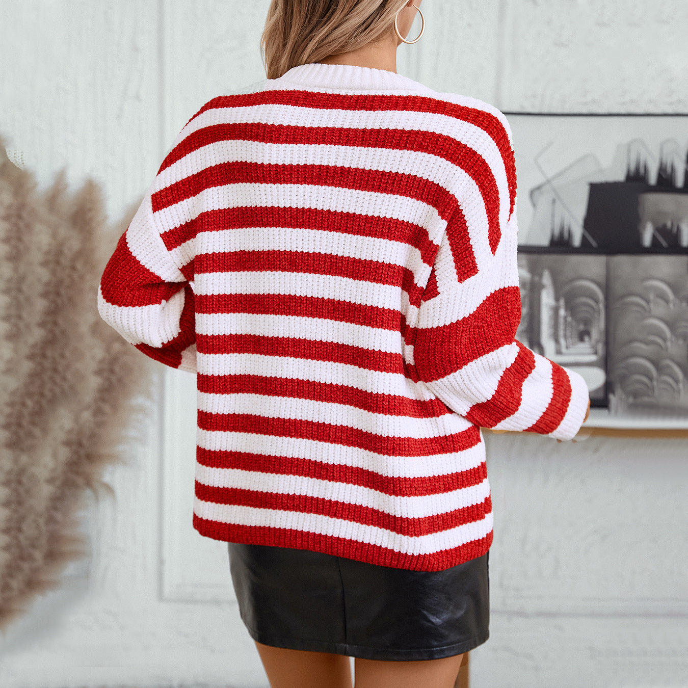 Damen lässiger Streifenpullover mit weichem Strukturstrick Merchesia