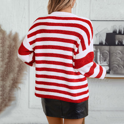 Damen lässiger Streifenpullover mit weichem Strukturstrick Merchesia