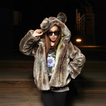 Damen Kuschelige Kunstpelzjacke mit verspieltem Ohren-Design Merchesia