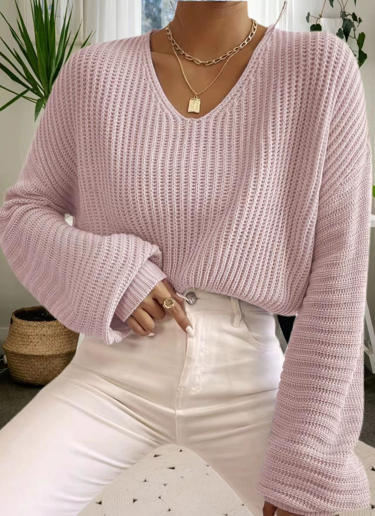 Damen lässiger Sweater mit weitem V-Ausschnitt und langen Ärmeln Merchesia