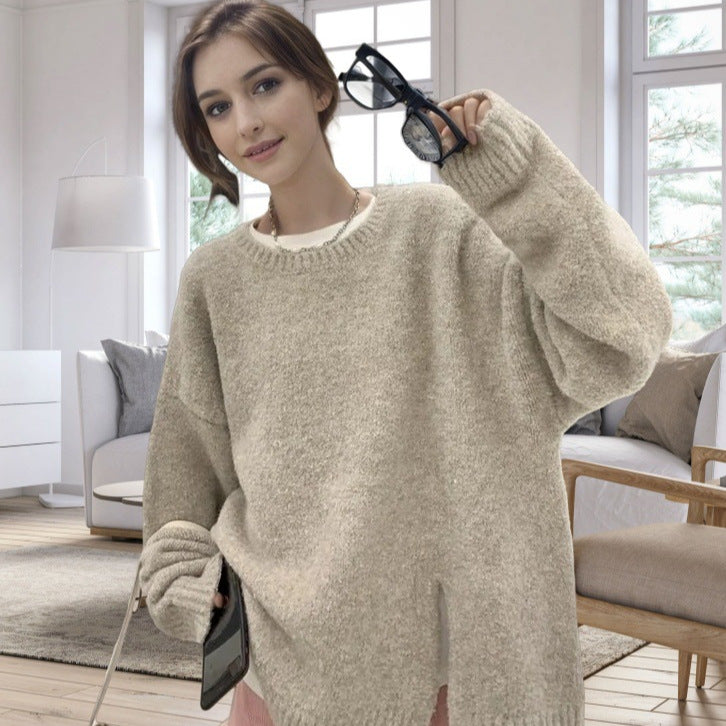Damen lässiger Oversized-Pullover mit seitlichem Schlitzdesign Merchesia
