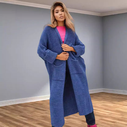 Damen Grobstrickmantel mit praktischen Taschen und elegantem V-Ausschnitt Merchesia