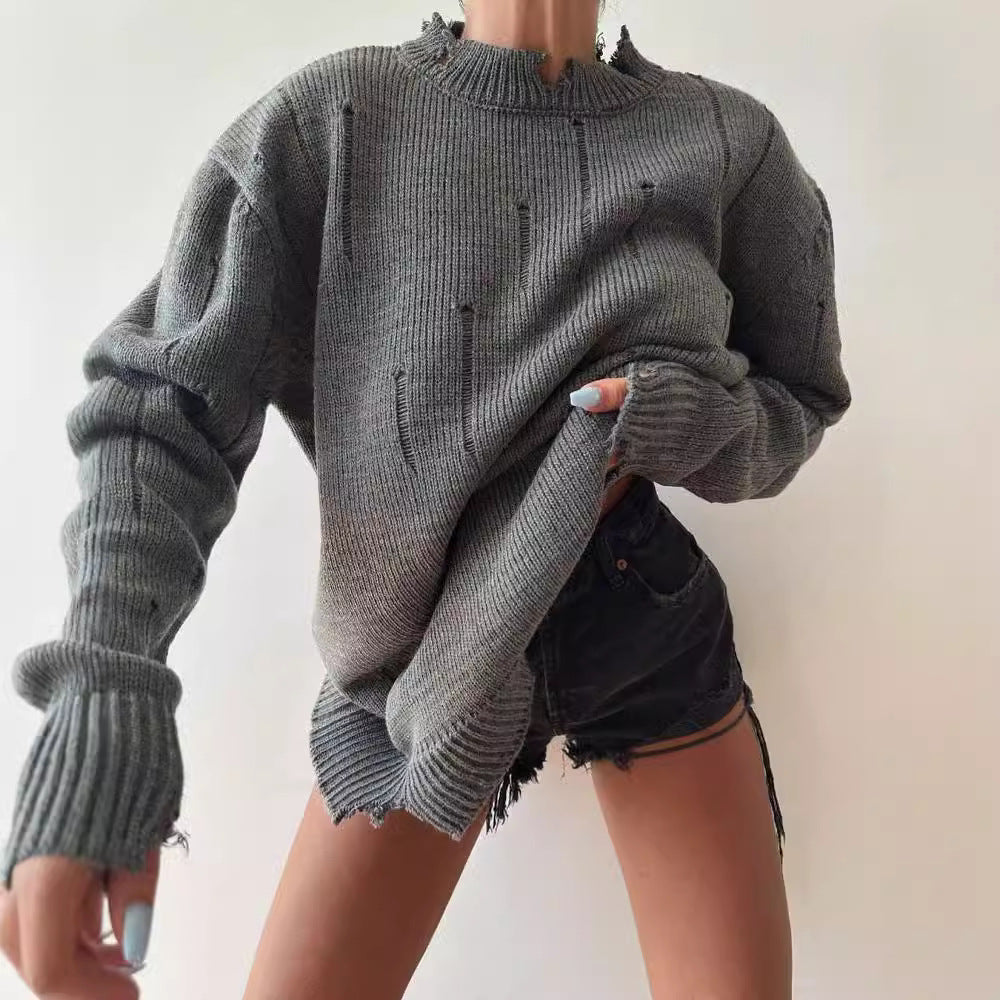 Damen Grober Strickpullover mit distressed Details Merchesia