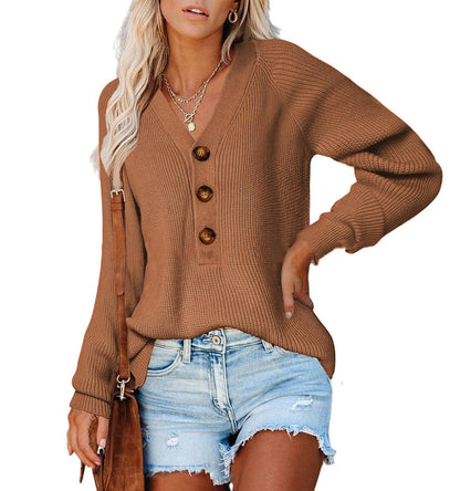 Damen Strickpullover mit tiefem V-Ausschnitt und großen Holzknöpfen Merchesia