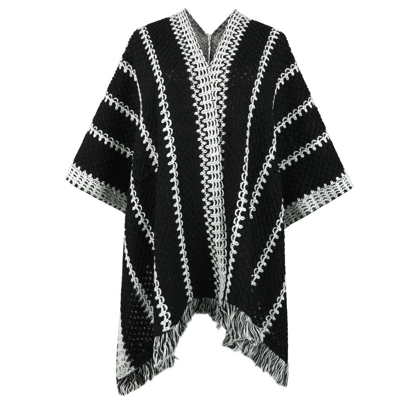 Damen Strickponcho mit V-Ausschnitt und Fransen Merchesia