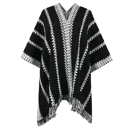 Damen Strickponcho mit V-Ausschnitt und Fransen Merchesia