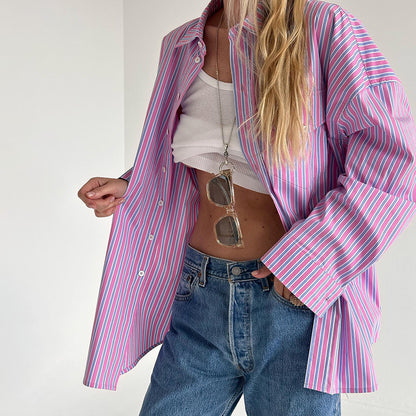 Damen Oversized Hemdbluse mit feinen Streifen Merchesia