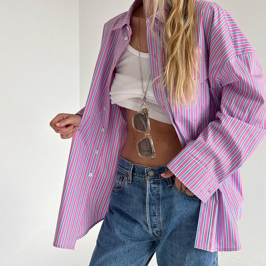 Damen Oversized Hemdbluse mit feinen Streifen Merchesia