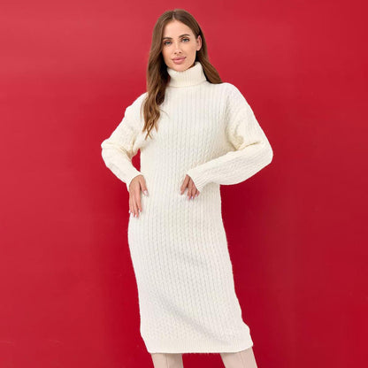 Damen Strickkleid mit hohem Kragen und Zopfmuster Merchesia