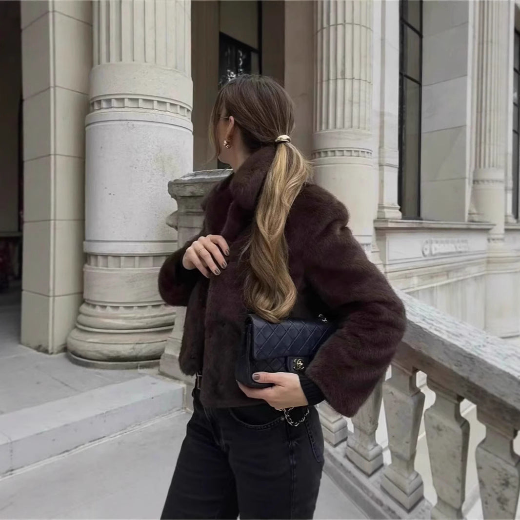 Damen Flauschige Kunstfelljacke mit elegantem Kragen und offenem Schnitt Merchesia