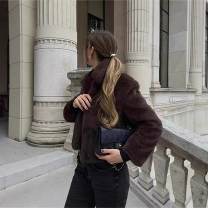 Damen Flauschige Kunstfelljacke mit elegantem Kragen und offenem Schnitt Merchesia