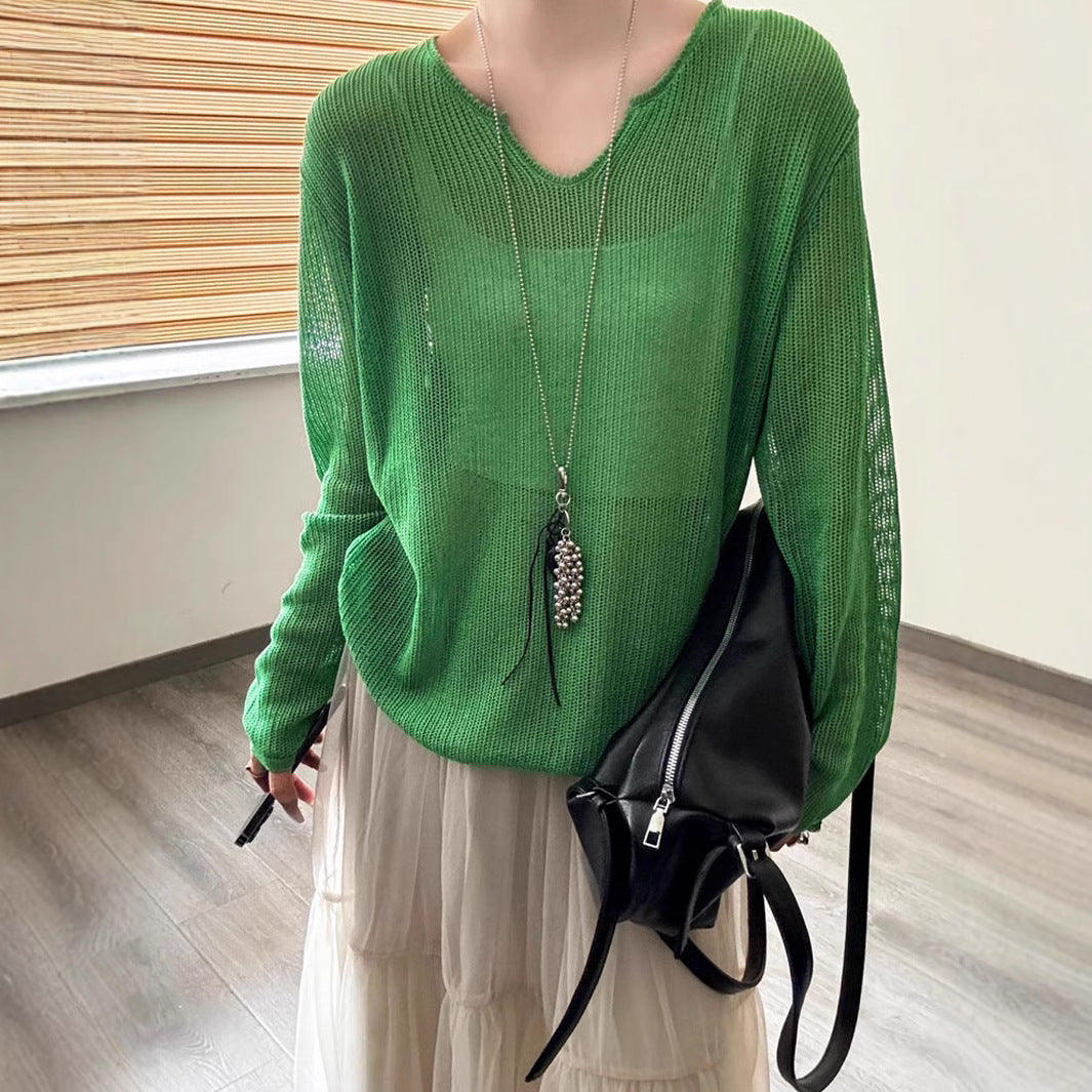 Damen luftiger Strickpullover mit V-Ausschnitt und lässigem Schnitt Merchesia