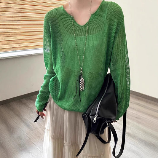 Damen luftiger Strickpullover mit V-Ausschnitt und lässigem Schnitt Merchesia