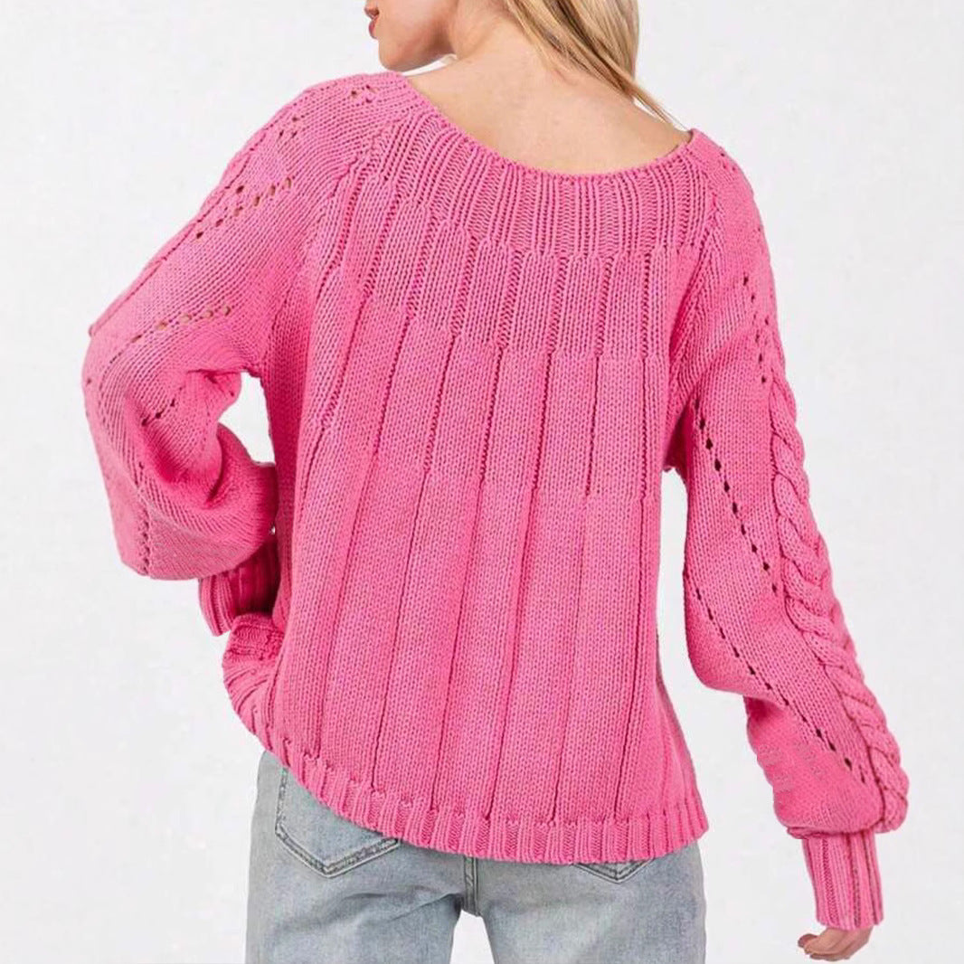 Damen Grobstrickpullover mit voluminösen Ärmeln und feinem Lochmuster Merchesia