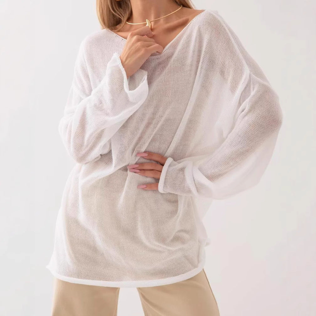 Damen luftige Strickbluse mit offenen Schultern und weiten Ärmeln Merchesia