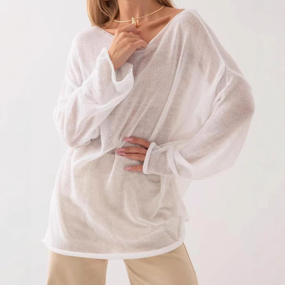 Damen luftige Strickbluse mit offenen Schultern und weiten Ärmeln Merchesia