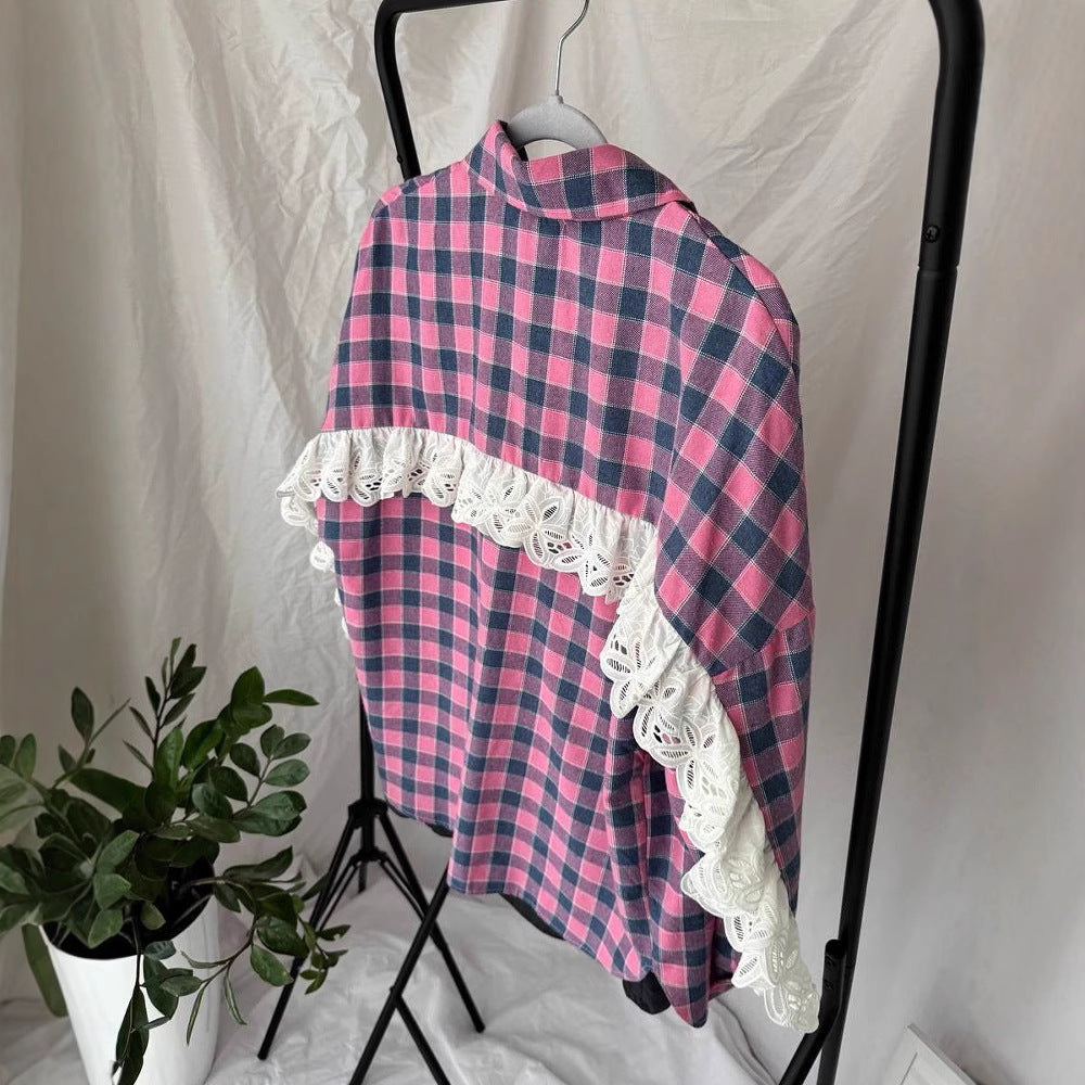 Damen Oversize Karoshirt mit romantischem Spitzenbesatz Merchesia