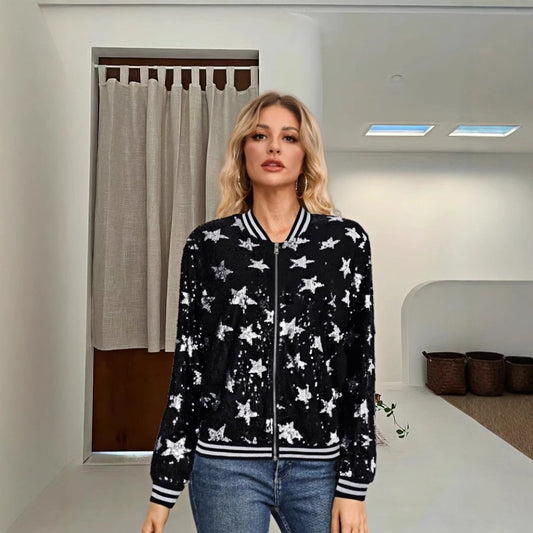 Damen Glitzernde Bomberjacke mit Sternen-Motiv Merchesia