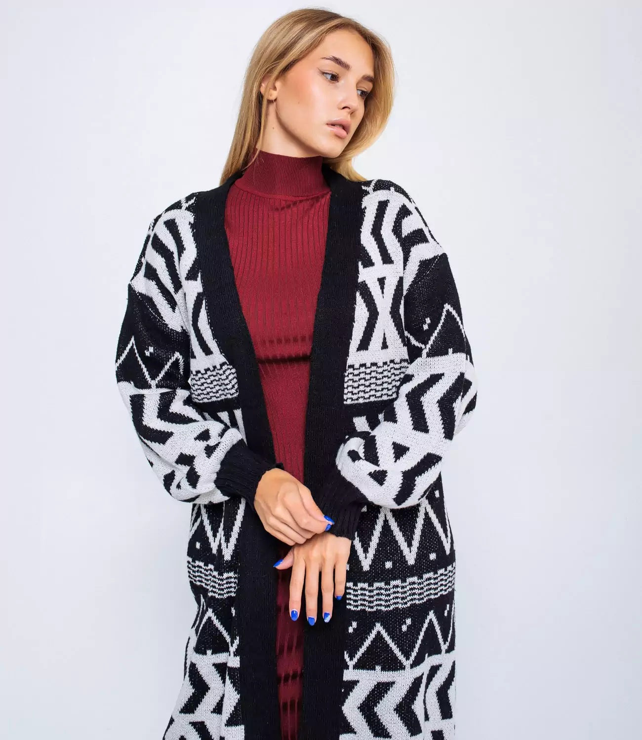 Damen Langer Strickcardigan mit geometrischem Muster und lässigem Schnitt Merchesia