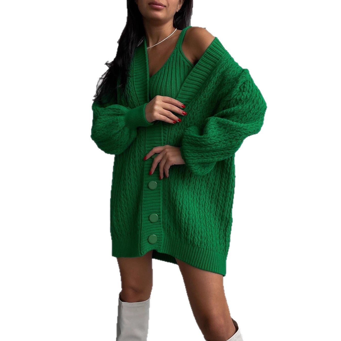 Damen Großer Strickcardigan mit Knopfleiste und Ballonärmeln Merchesia