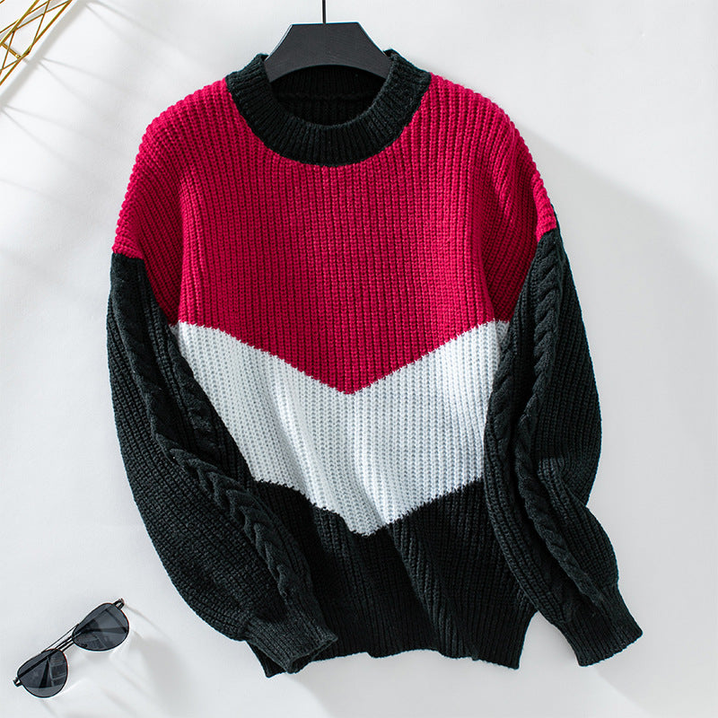 Damen modischer Strickpullover mit raffinierten Zopfmuster-Ärmeln und Kontrastfarben Merchesia