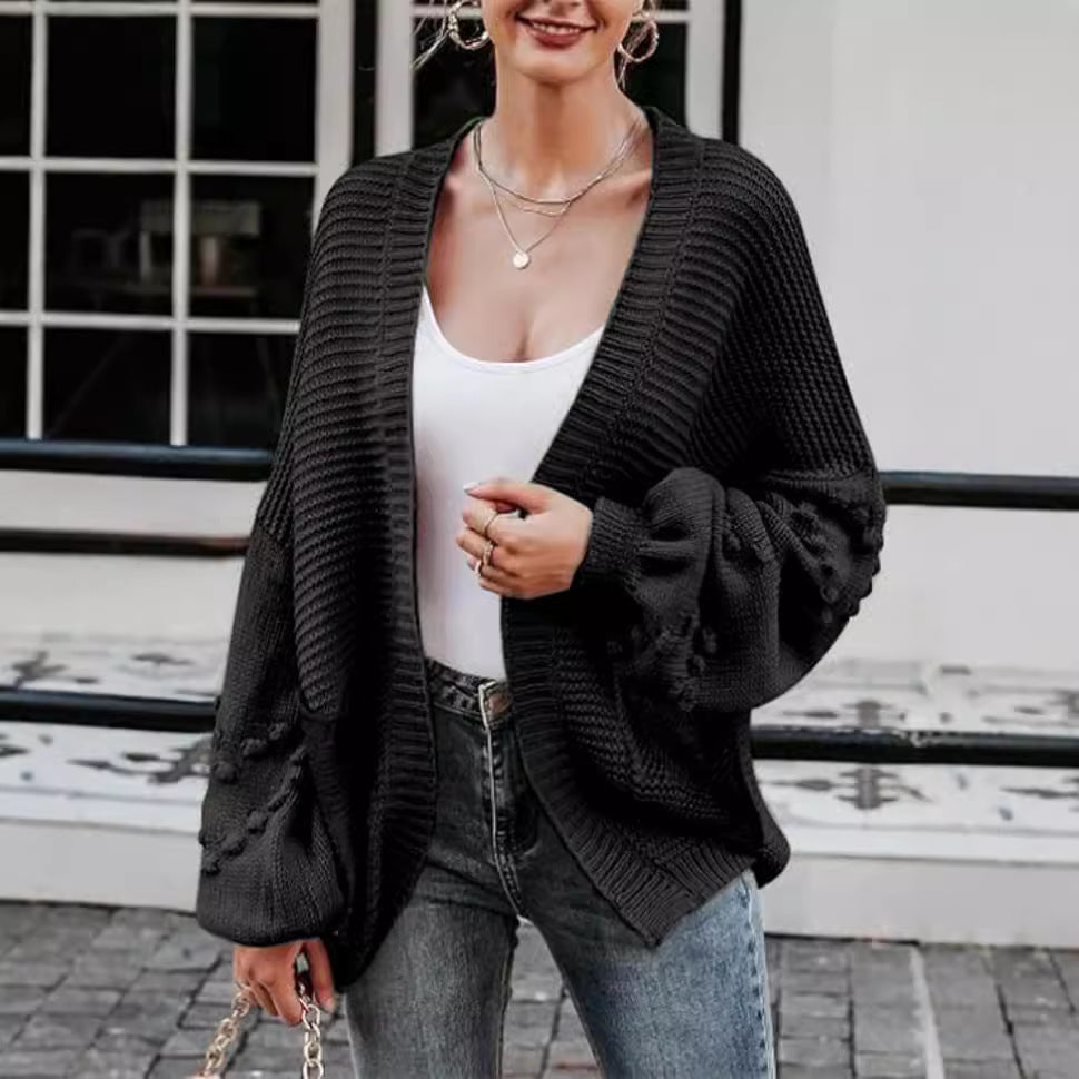 Damen Strickjacke mit Ballonärmeln und strukturierter Maschenoptik Merchesia