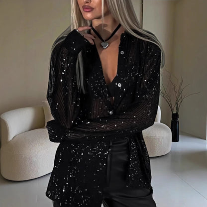Damen Glamouröse Transparente Bluse mit Pailletten Merchesia