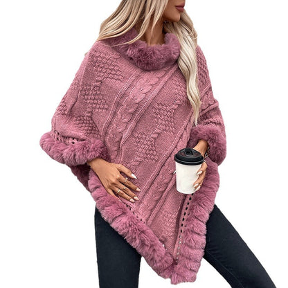 Damen kuscheliger Strickponcho mit samtigem Fellbesatz Merchesia