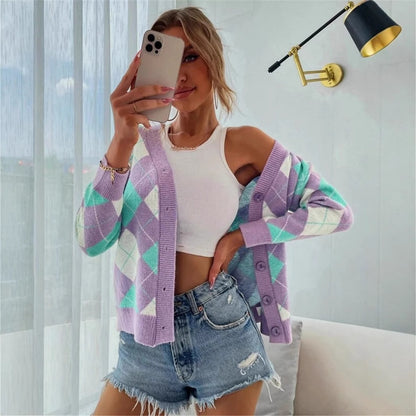 Damen Karierte Strickjacke mit Knöpfen und V-Ausschnitt Merchesia