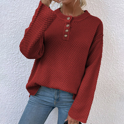 Damen gemütlicher Strickpullover mit Knopfleiste und breiten Ärmeln Merchesia