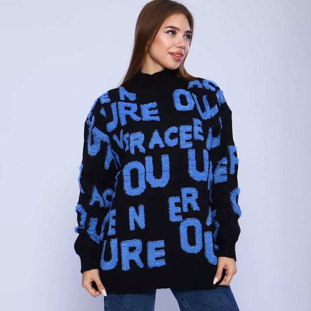Damen Oversized Pullover mit grafischem Schriftzug und hohem Kragen Merchesia