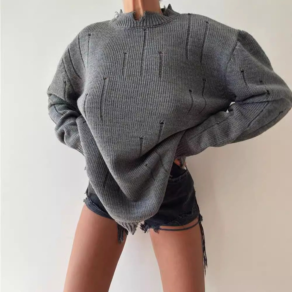 Damen Grober Strickpullover mit distressed Details Merchesia