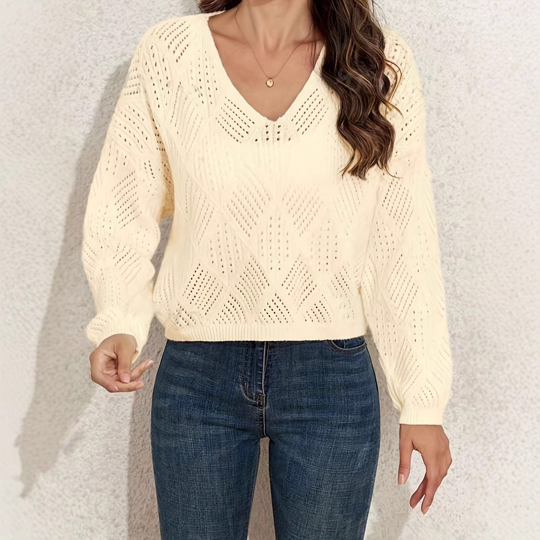 Damen V-Ausschnitt Grobstrickpullover mit filigranem Lochmuster Merchesia