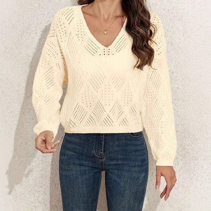 Damen V-Ausschnitt Grobstrickpullover mit filigranem Lochmuster Merchesia