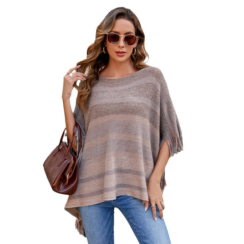 Damen eleganter Poncho mit strukturiertem Design und fransigen Details Merchesia