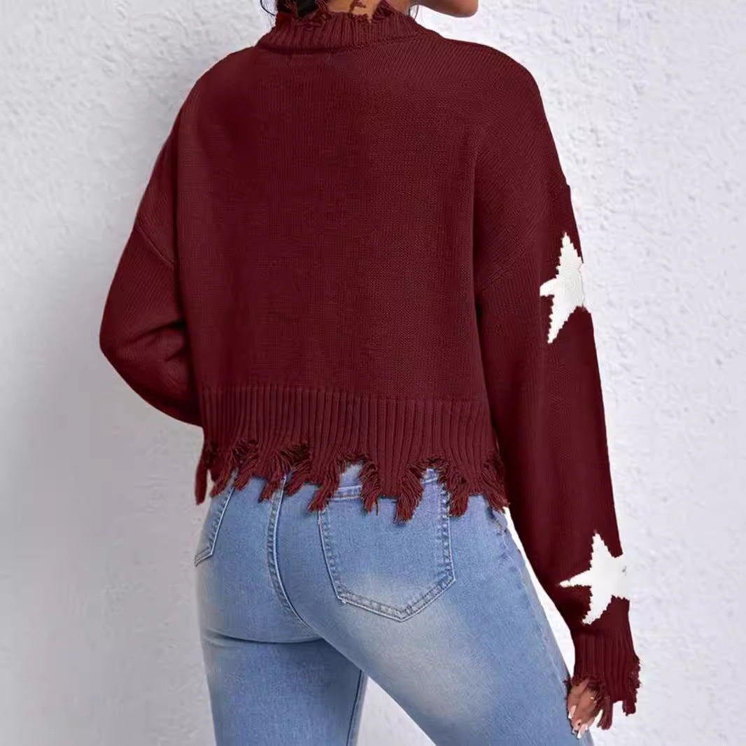 Damen modischer Sweatpullover mit Sternenmotiv und ausgefranstem Saum Merchesia