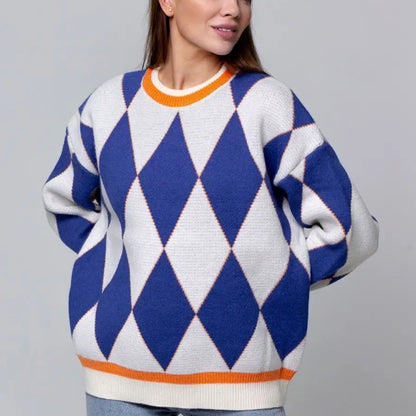 Damen Gemusterter Oversized Pullover mit modernem Rautenmuster und elastischen Säumen Merchesia