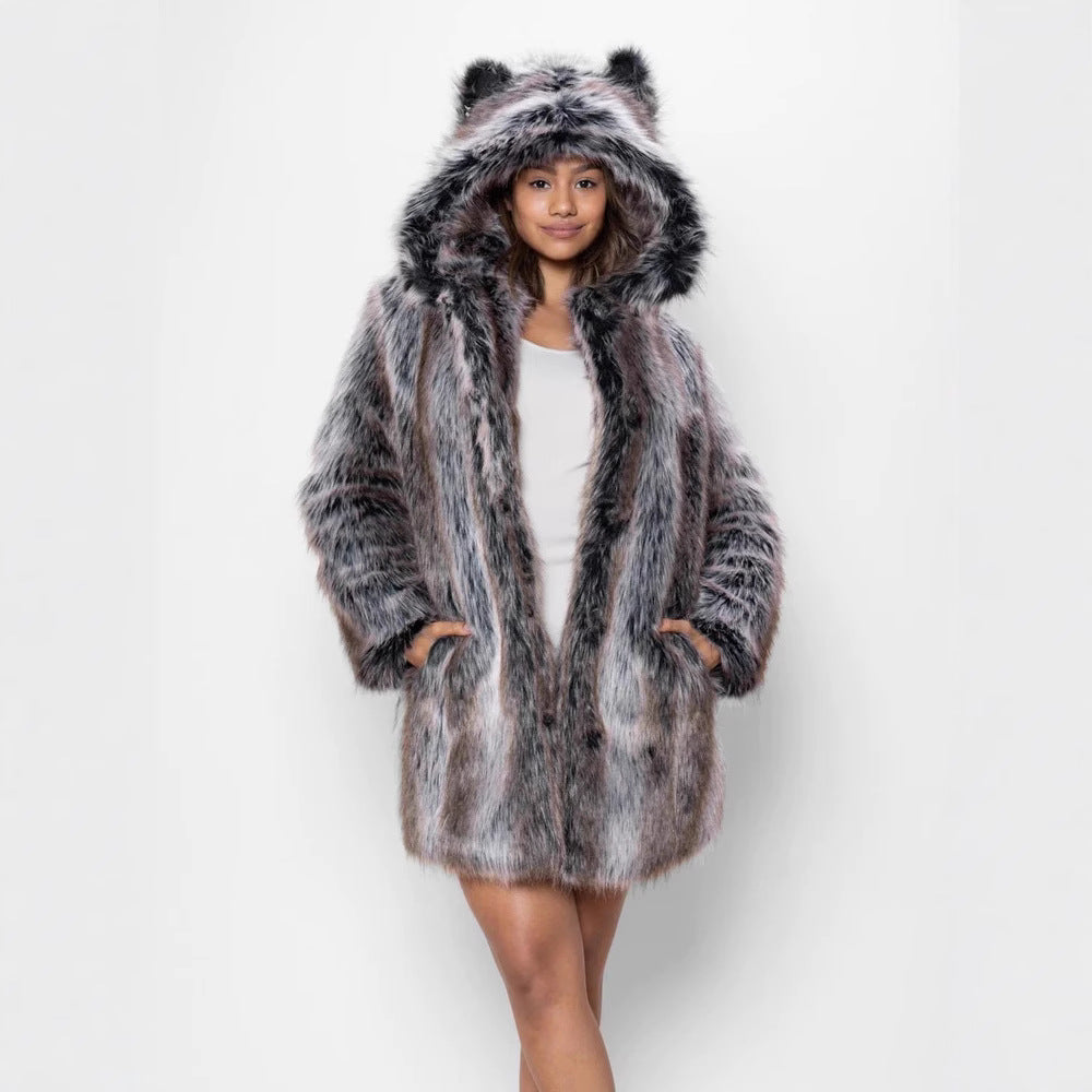 Damen Hooded Faux-Fur-Mantel mit Ohrenschützer Merchesia