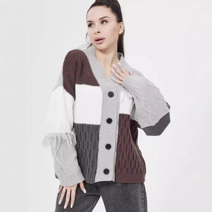 Damen Strickjacke mit modischem Blockstreifenmuster und klassischem Knopfverschluss Merchesia