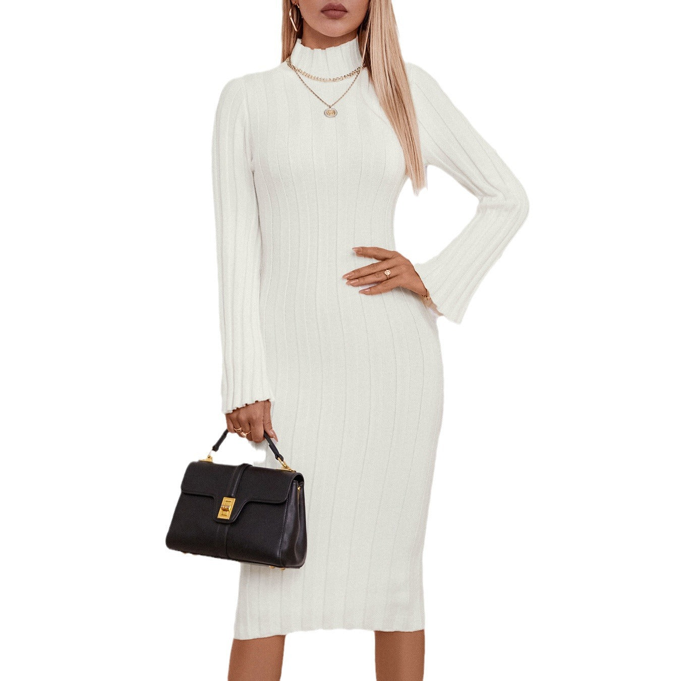 Damen elegantes Strickkleid mit hohem Kragen und Rippenstruktur Merchesia