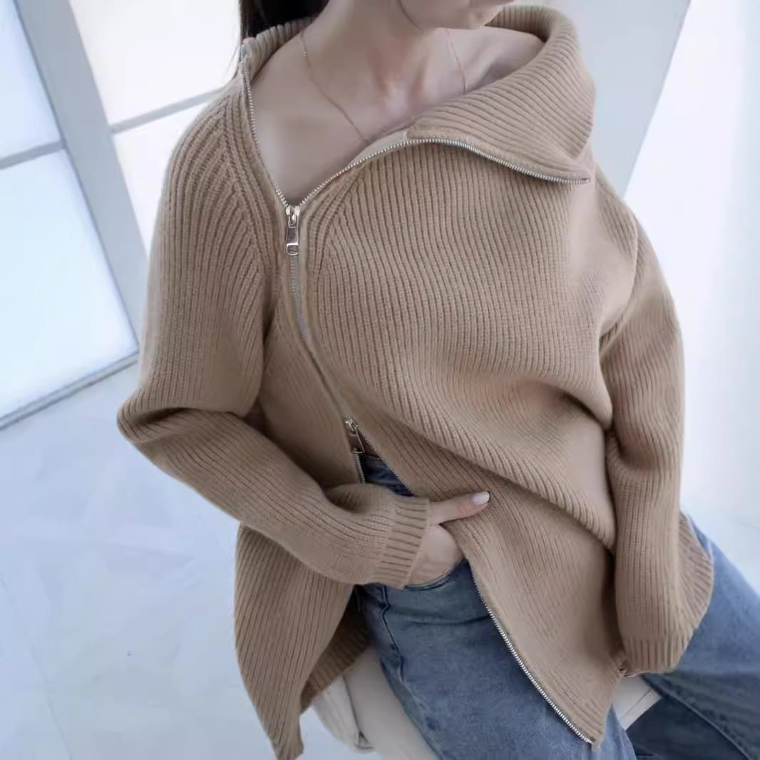 Damen lässiger Strickpullover mit asymmetrischem Reißverschluss und großem Kragen Merchesia