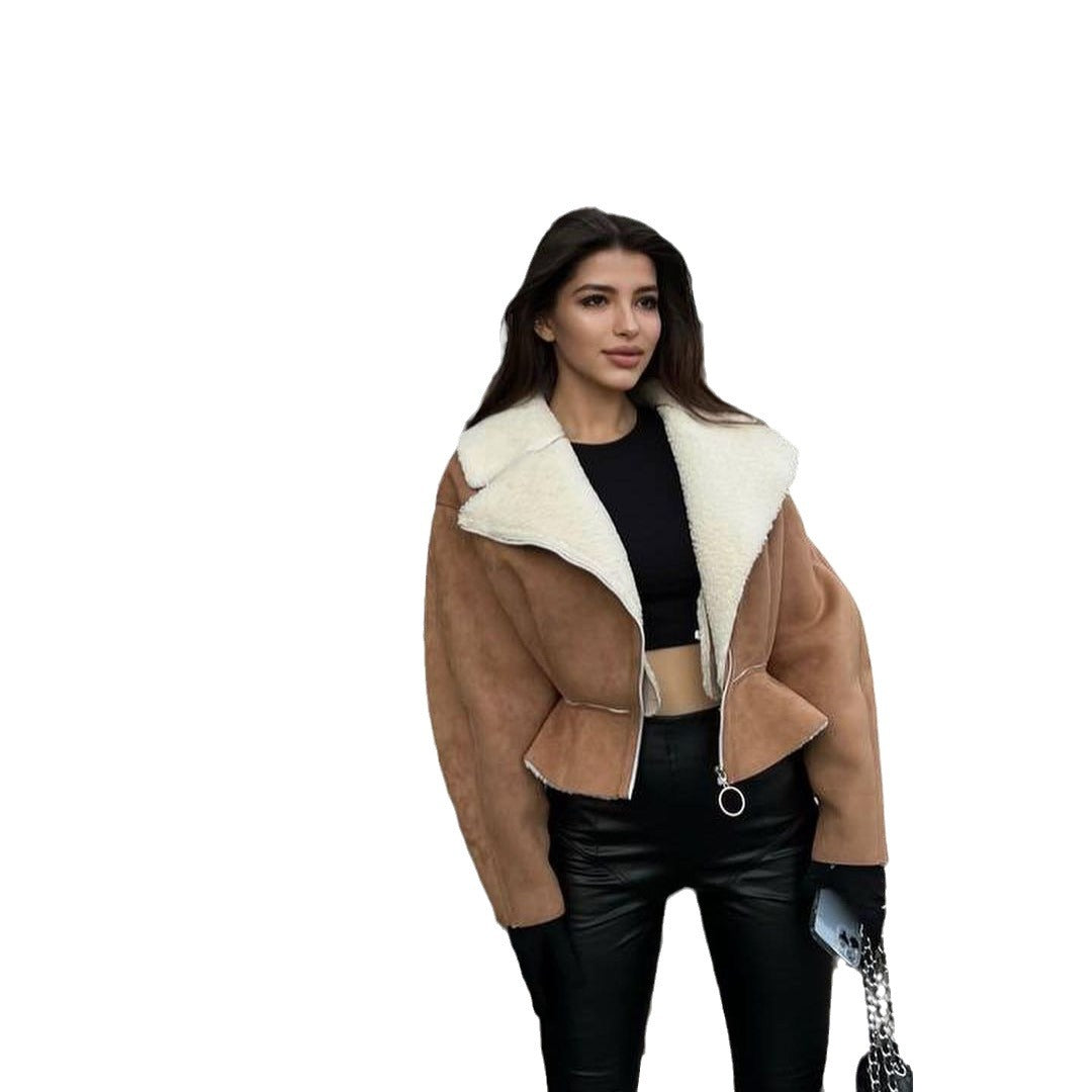 Damen trendige Kurzjacke mit flauschigem Innenfutter und Reißverschluss Merchesia