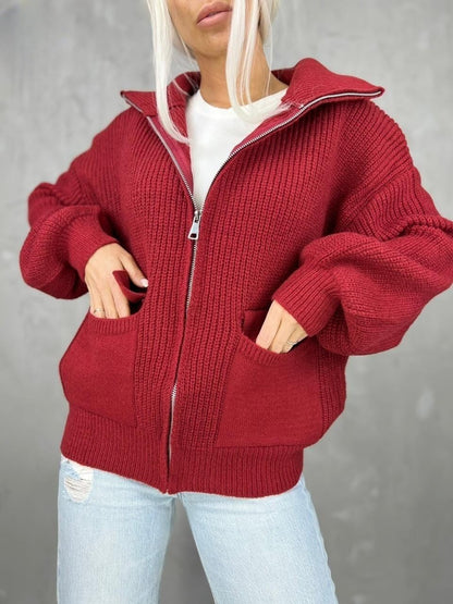 Damen Übergangsstrickjacke mit breitem Reißverschluss und praktischen Taschen Merchesia