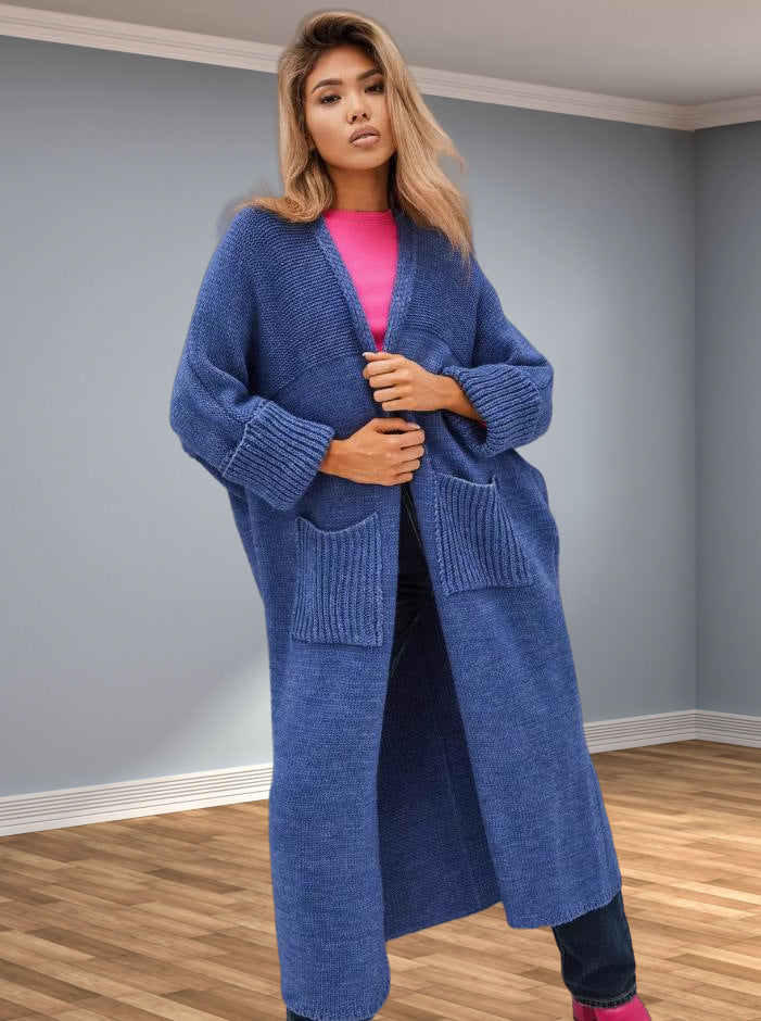 Damen Grobstrickmantel mit praktischen Taschen und elegantem V-Ausschnitt Merchesia