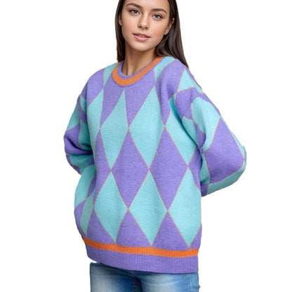 Damen Gemusterter Oversized Pullover mit modernem Rautenmuster und elastischen Säumen Merchesia