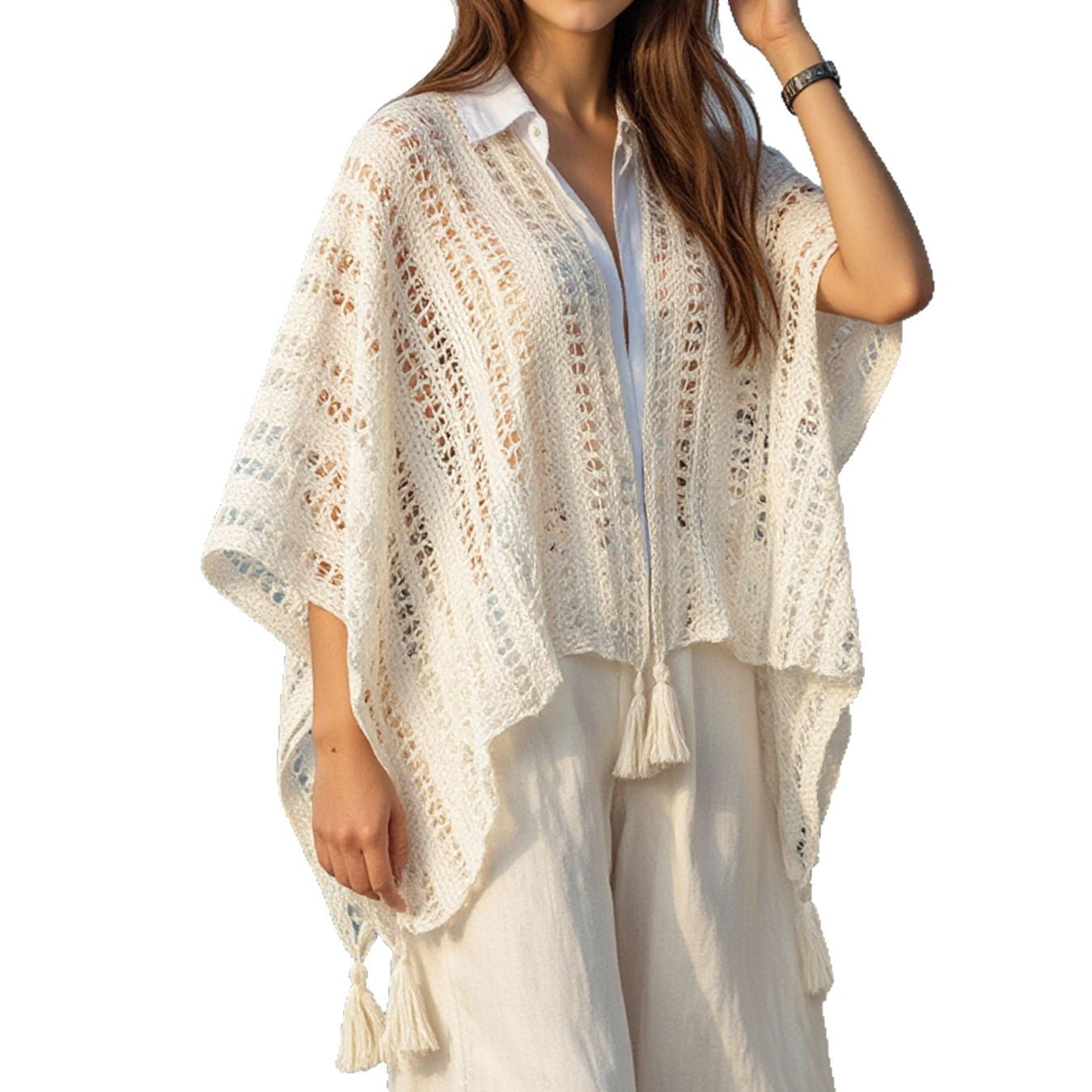 Damen luftiger Strickponcho mit Fransen Merchesia